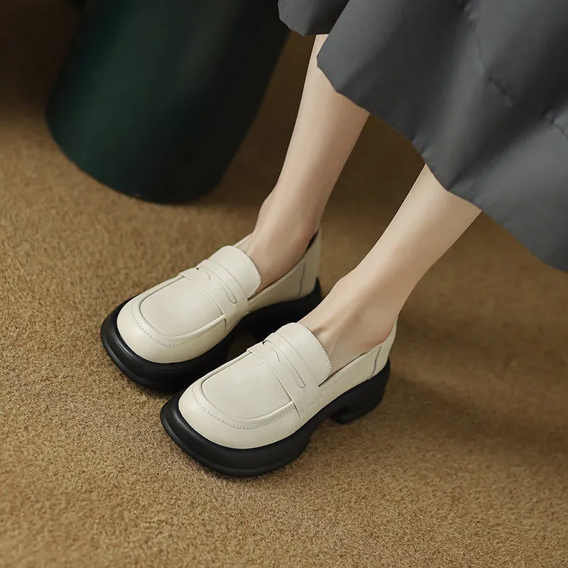Womens All-day Comfort Platform Leather Round Toe Block Heels Loafers