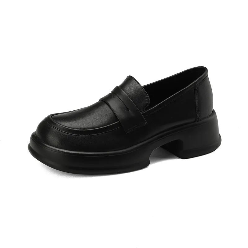 Womens All-day Comfort Platform Leather Round Toe Block Heels Loafers
