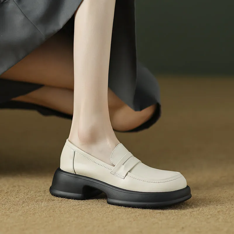 Womens All-day Comfort Platform Leather Round Toe Block Heels Loafers