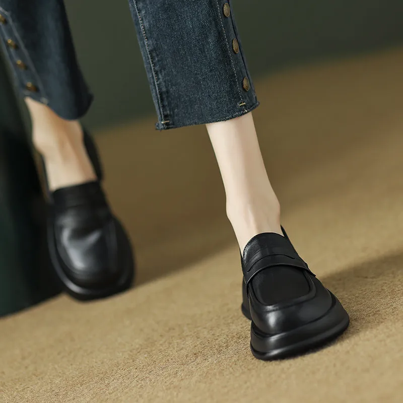 Womens All-day Comfort Platform Leather Round Toe Block Heels Loafers