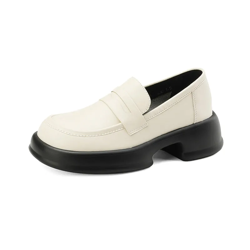 Womens All-day Comfort Platform Leather Round Toe Block Heels Loafers