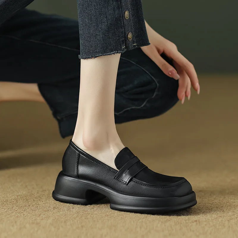 Womens All-day Comfort Platform Leather Round Toe Block Heels Loafers