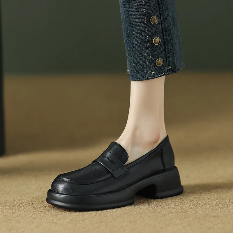 Womens All-day Comfort Platform Leather Round Toe Block Heels Loafers