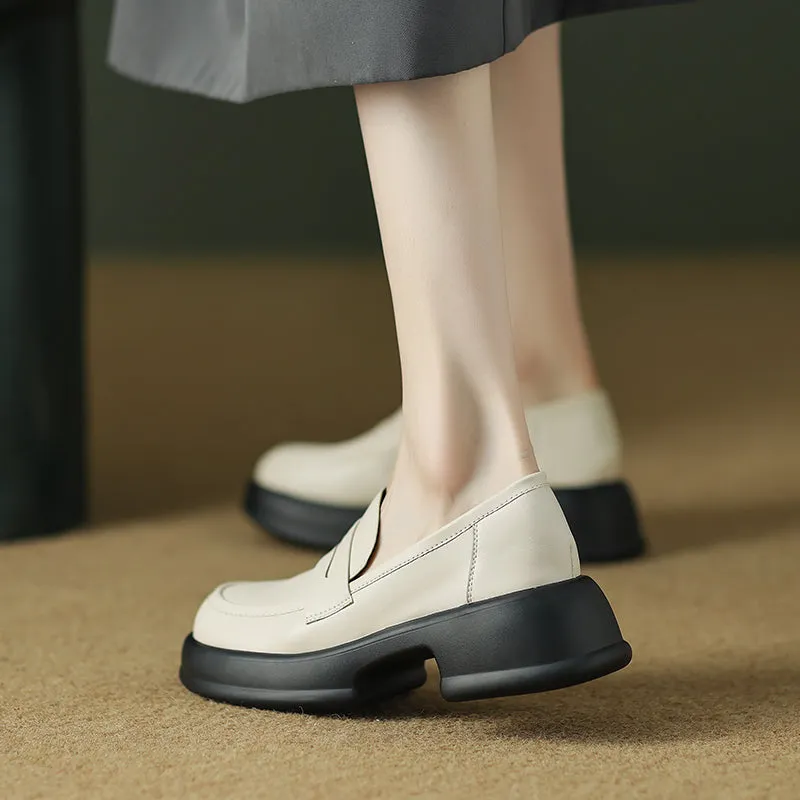 Womens All-day Comfort Platform Leather Round Toe Block Heels Loafers