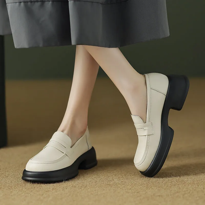 Womens All-day Comfort Platform Leather Round Toe Block Heels Loafers