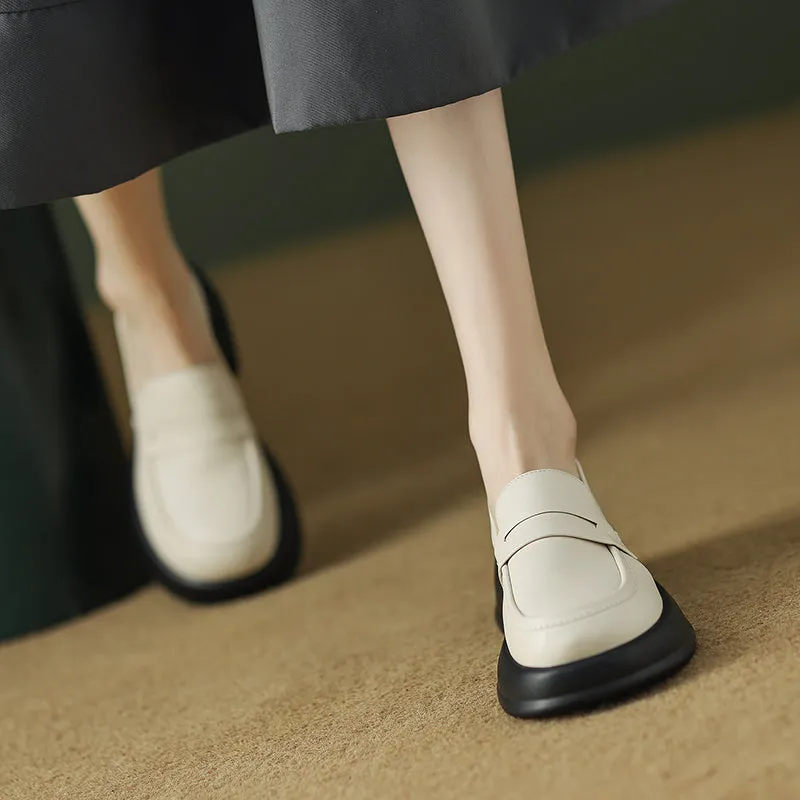 Womens All-day Comfort Platform Leather Round Toe Block Heels Loafers
