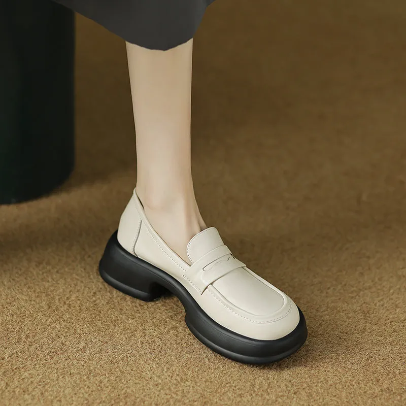 Womens All-day Comfort Platform Leather Round Toe Block Heels Loafers