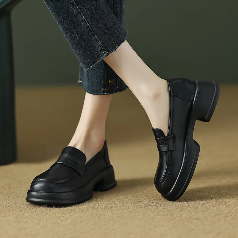 Womens All-day Comfort Platform Leather Round Toe Block Heels Loafers