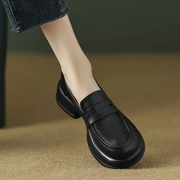 Womens All-day Comfort Platform Leather Round Toe Block Heels Loafers