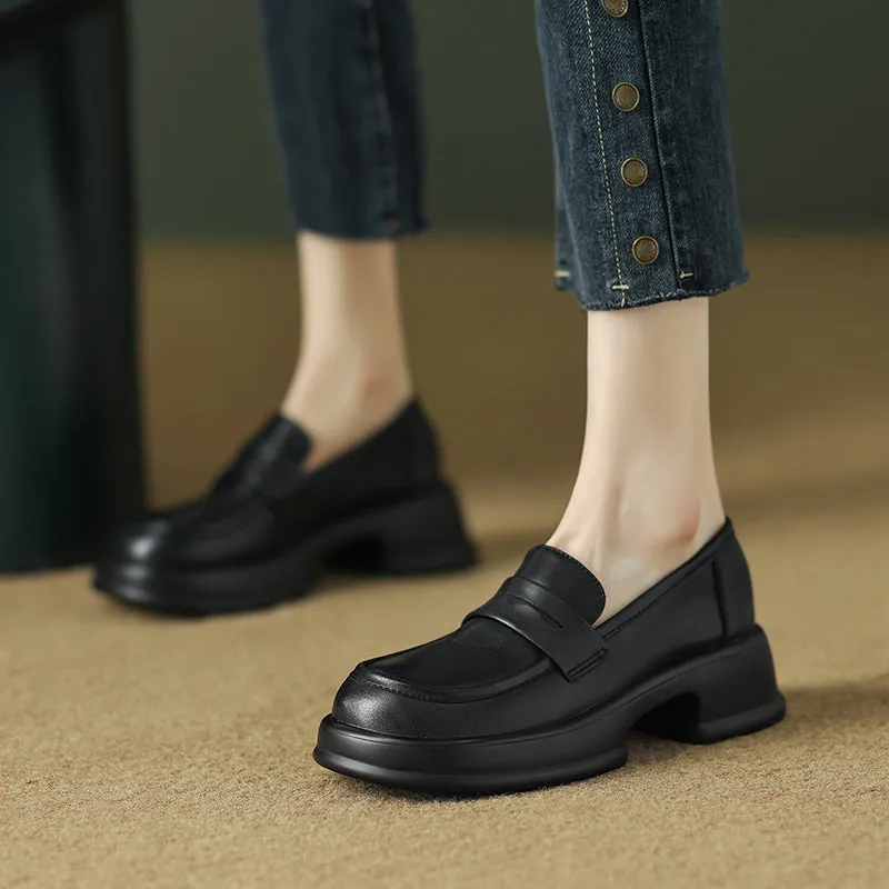 Womens All-day Comfort Platform Leather Round Toe Block Heels Loafers