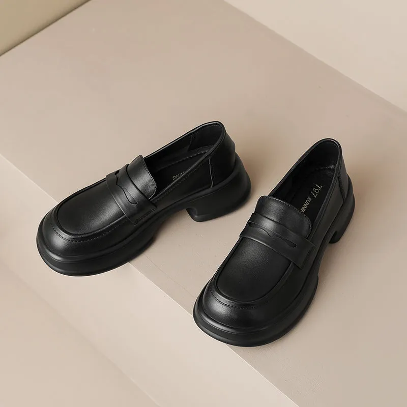 Womens All-day Comfort Platform Leather Round Toe Block Heels Loafers