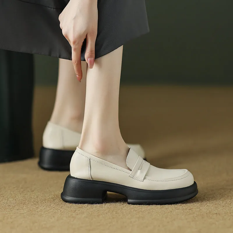 Womens All-day Comfort Platform Leather Round Toe Block Heels Loafers