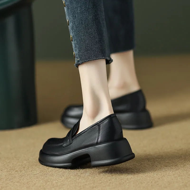 Womens All-day Comfort Platform Leather Round Toe Block Heels Loafers