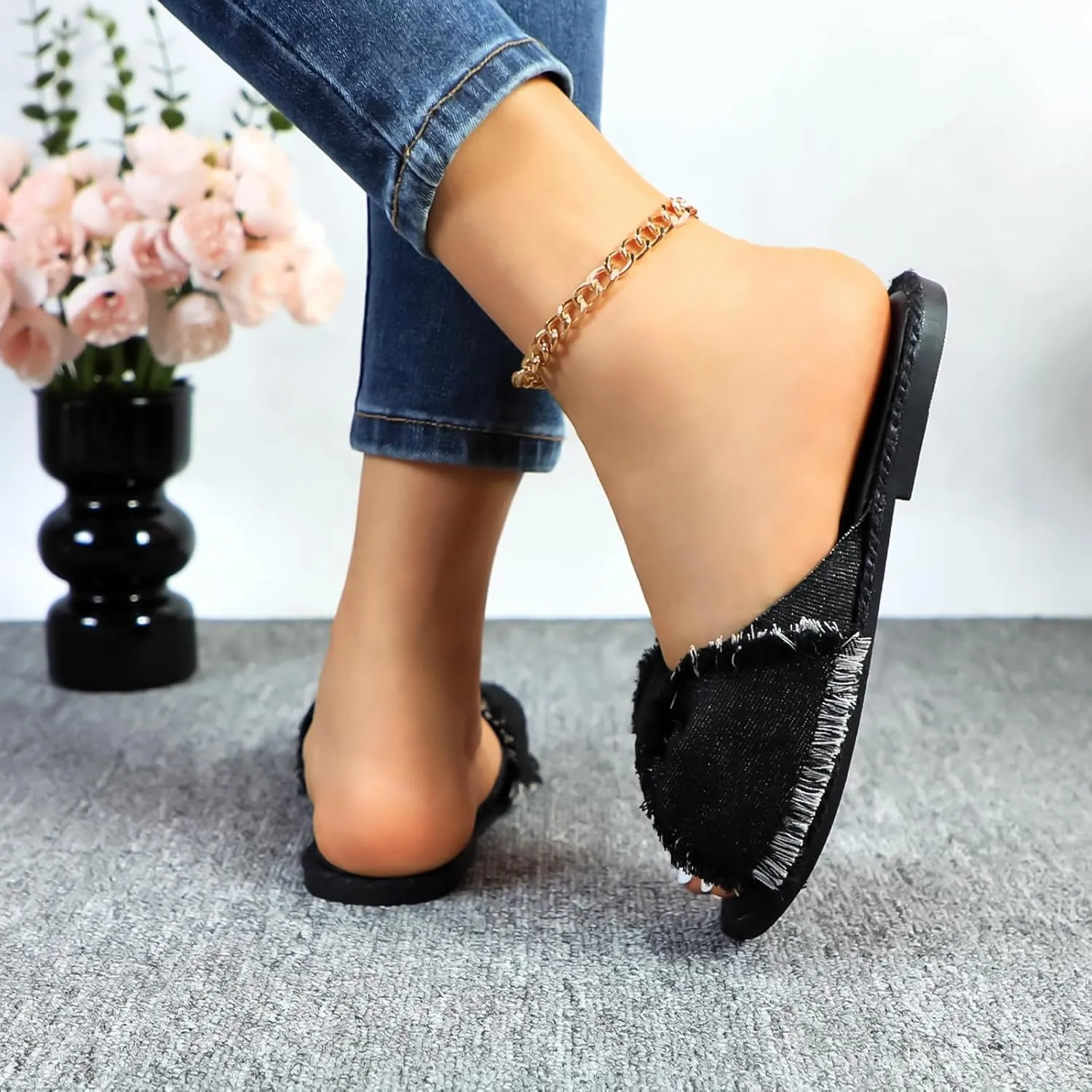 Women's Bow Knot Denim Flats Sandals Slip On Summer Slide Sandal