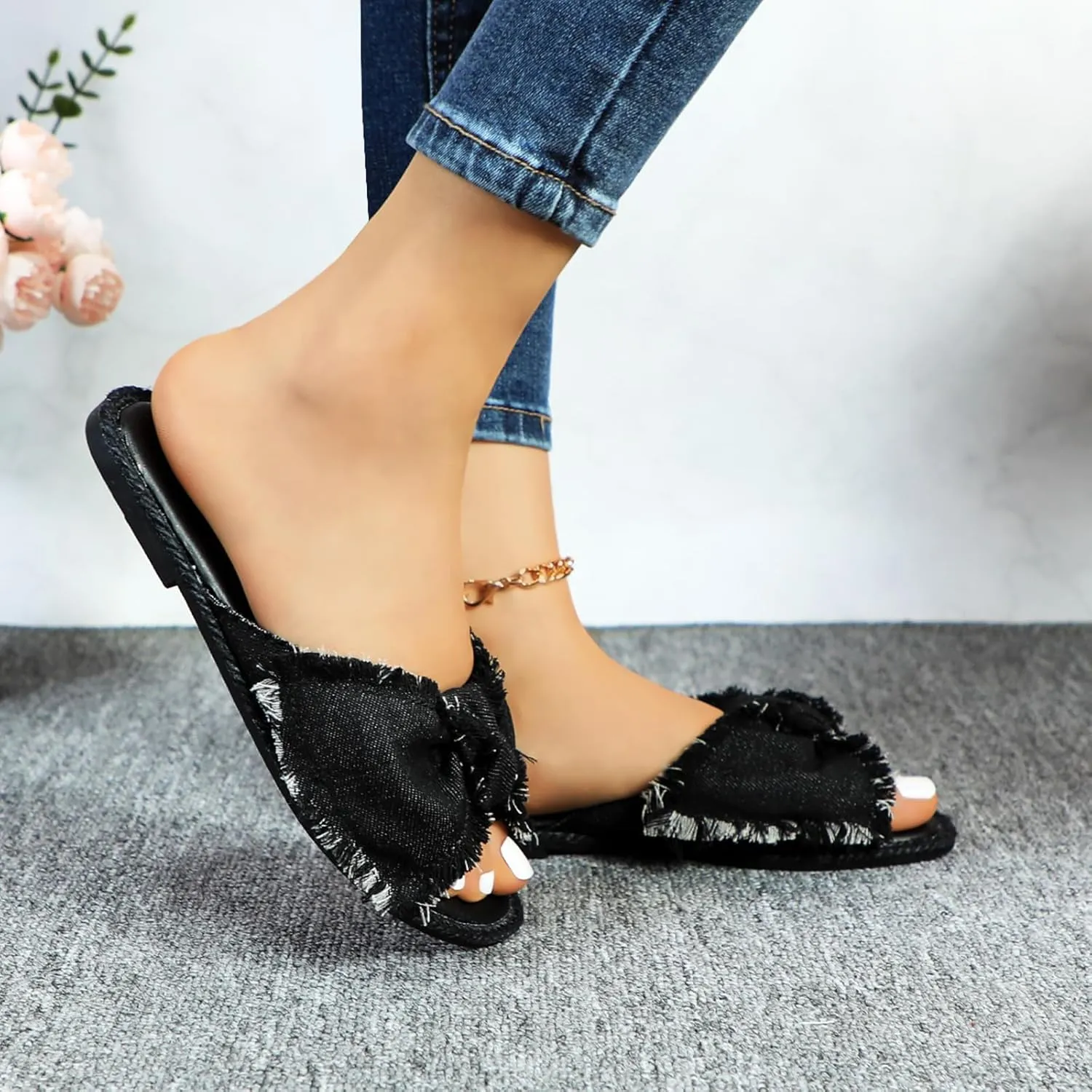 Women's Bow Knot Denim Flats Sandals Slip On Summer Slide Sandal