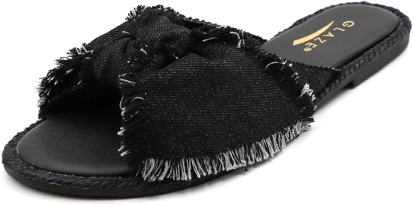 Women's Bow Knot Denim Flats Sandals Slip On Summer Slide Sandal