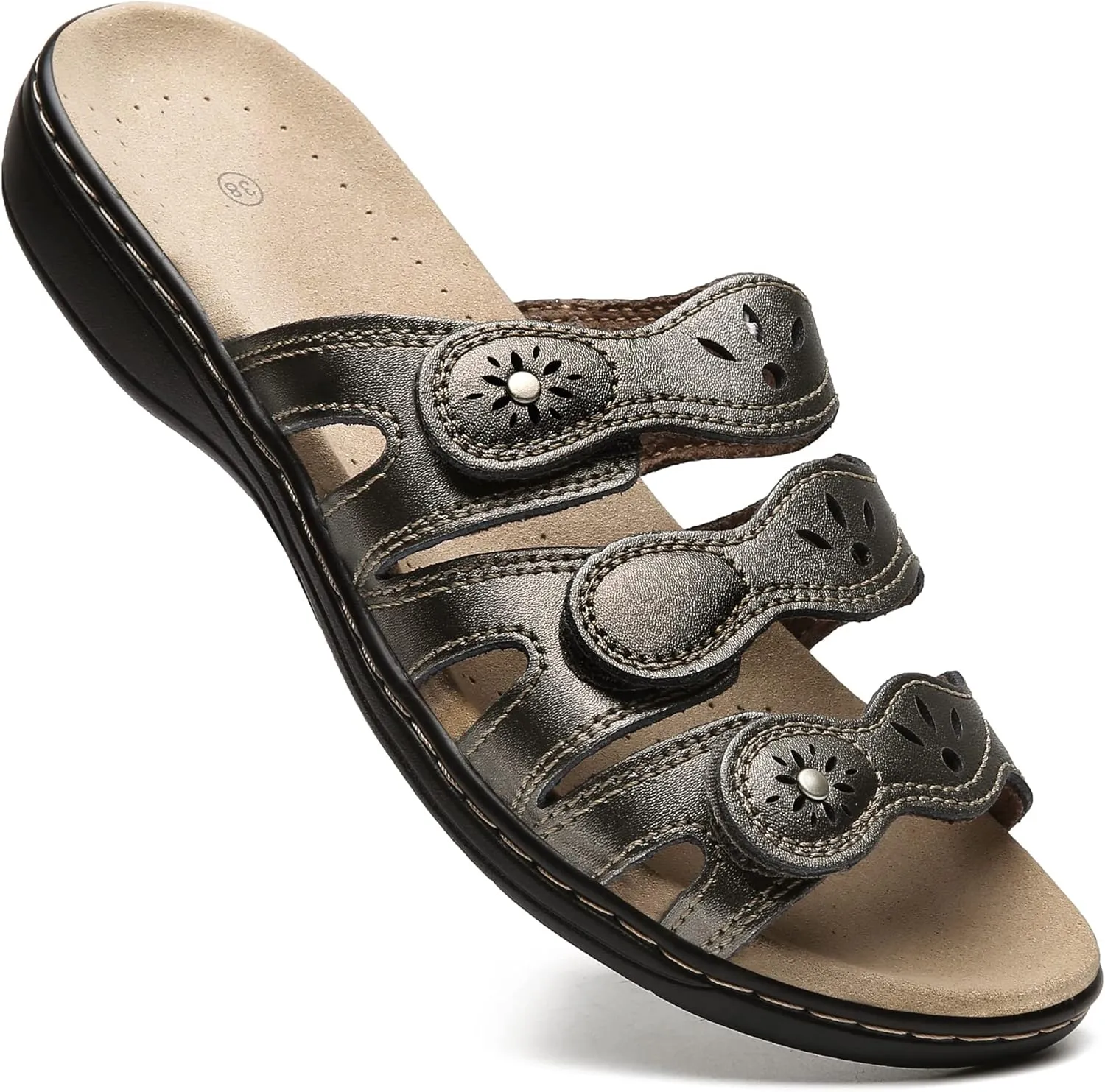 Women's Classic Leather Sandals Slide Casual Sandals with Arch Support Adjustable Hook and Loop Straps Slip-On Shoes Outdoor 2024