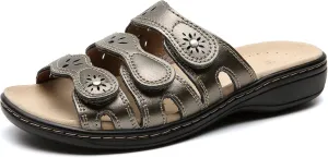Women's Classic Leather Sandals Slide Casual Sandals with Arch Support Adjustable Hook and Loop Straps Slip-On Shoes Outdoor 2024