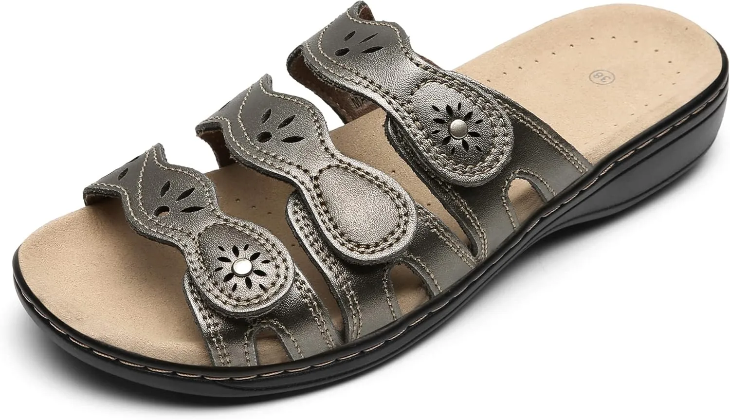 Women's Classic Leather Sandals Slide Casual Sandals with Arch Support Adjustable Hook and Loop Straps Slip-On Shoes Outdoor 2024