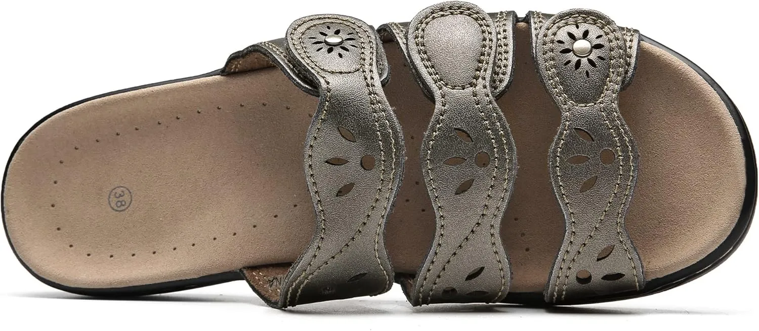 Women's Classic Leather Sandals Slide Casual Sandals with Arch Support Adjustable Hook and Loop Straps Slip-On Shoes Outdoor 2024