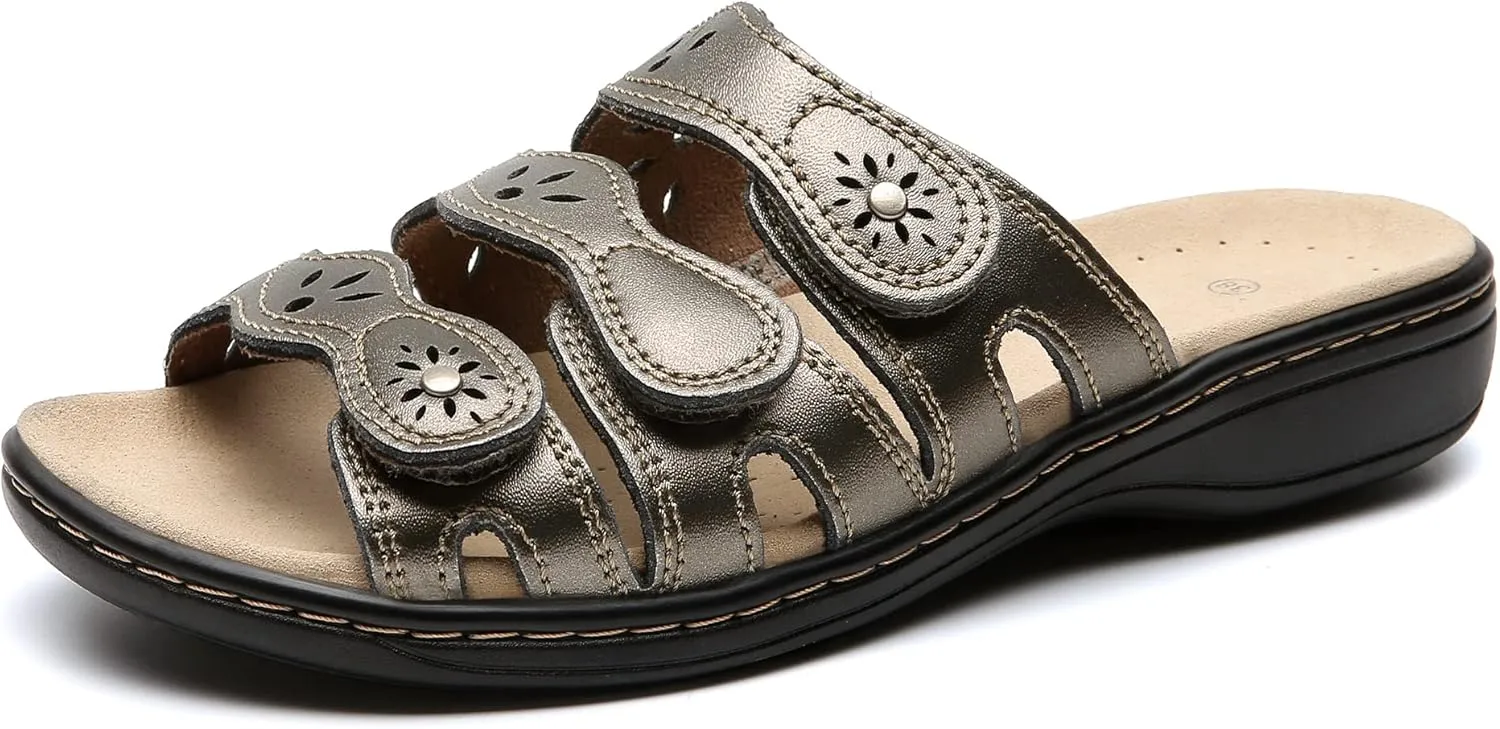 Women's Classic Leather Sandals Slide Casual Sandals with Arch Support Adjustable Hook and Loop Straps Slip-On Shoes Outdoor 2024