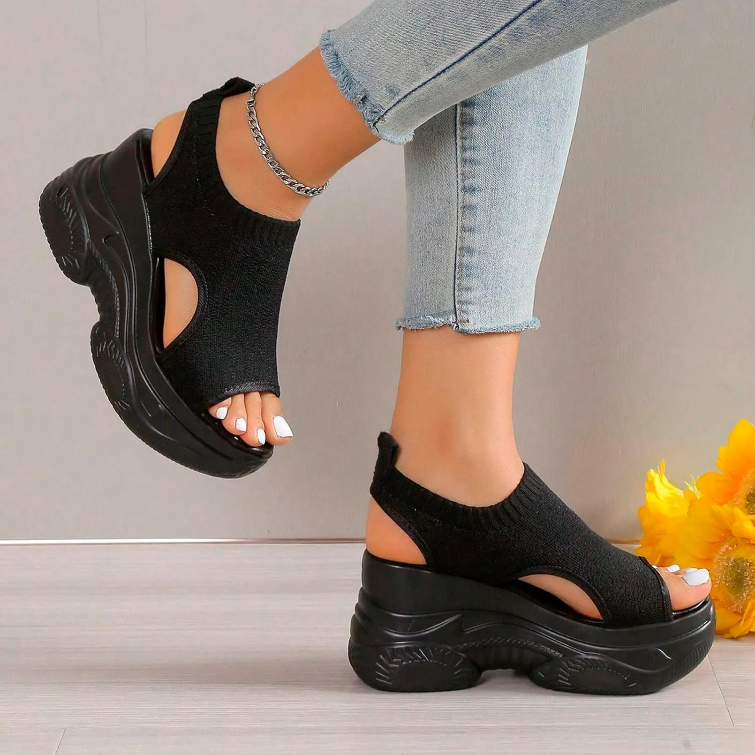 Women's Comfortable Walking Sandals Platform Sport Orthopedic Sandals with Arch Support Air Cushion Wedges Sandals Breathable Knit Open Toe Platform Sandals Washable Slingback Summer Shoes
