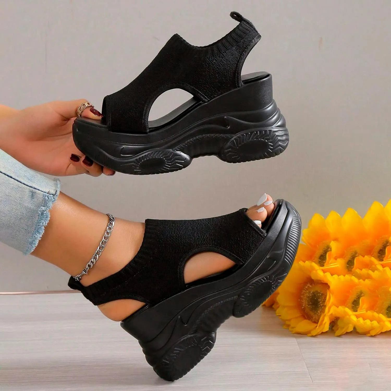 Women's Comfortable Walking Sandals Platform Sport Orthopedic Sandals with Arch Support Air Cushion Wedges Sandals Breathable Knit Open Toe Platform Sandals Washable Slingback Summer Shoes