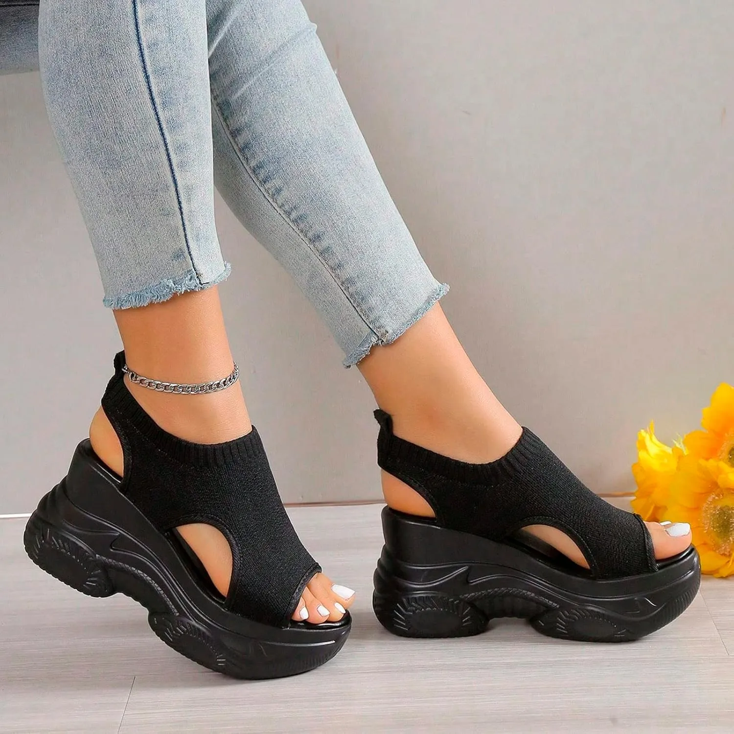 Women's Comfortable Walking Sandals Platform Sport Orthopedic Sandals with Arch Support Air Cushion Wedges Sandals Breathable Knit Open Toe Platform Sandals Washable Slingback Summer Shoes