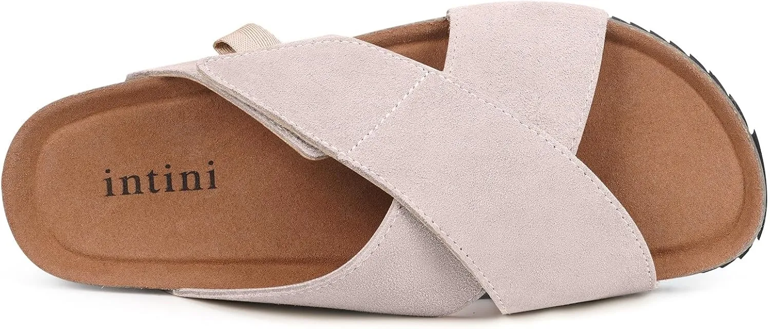 Womens Cork Footbed Slides Sandals Suede Leather Flat Sandals Cross Band Summer Slip on Open Toe Slippers Arch Support for Indoor Outdoor with Adjustable Straps