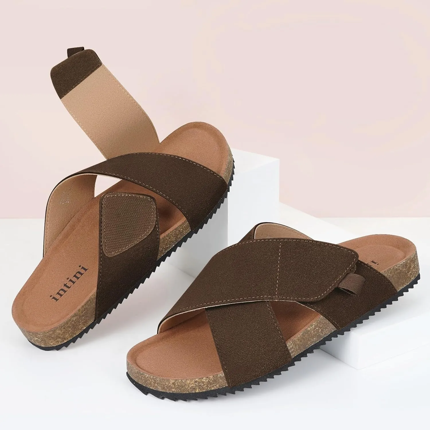 Womens Cork Footbed Slides Sandals Suede Leather Flat Sandals Cross Band Summer Slip on Open Toe Slippers Arch Support for Indoor Outdoor with Adjustable Straps
