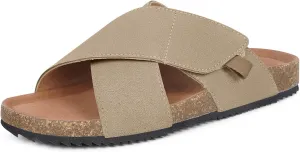 Womens Cork Footbed Slides Sandals Suede Leather Flat Sandals Cross Band Summer Slip on Open Toe Slippers Arch Support for Indoor Outdoor with Adjustable Straps