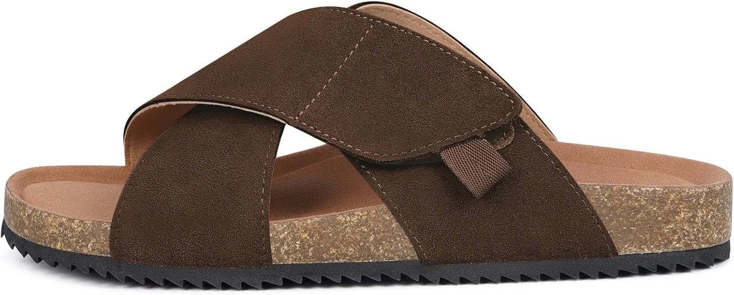 Womens Cork Footbed Slides Sandals Suede Leather Flat Sandals Cross Band Summer Slip on Open Toe Slippers Arch Support for Indoor Outdoor with Adjustable Straps