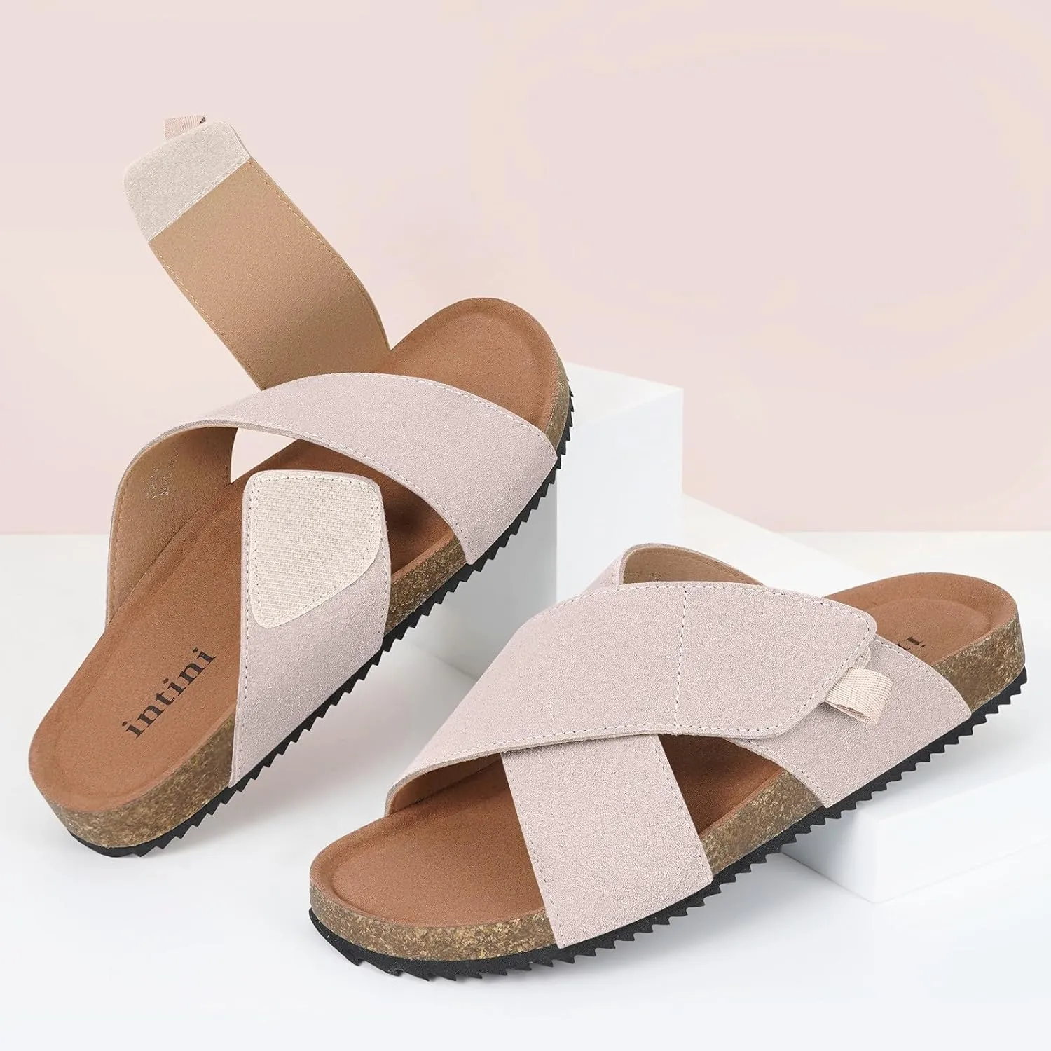 Womens Cork Footbed Slides Sandals Suede Leather Flat Sandals Cross Band Summer Slip on Open Toe Slippers Arch Support for Indoor Outdoor with Adjustable Straps