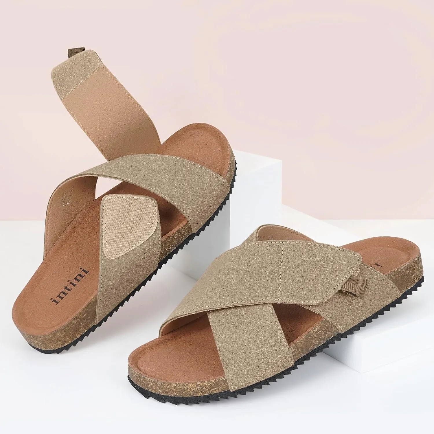 Womens Cork Footbed Slides Sandals Suede Leather Flat Sandals Cross Band Summer Slip on Open Toe Slippers Arch Support for Indoor Outdoor with Adjustable Straps