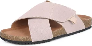 Womens Cork Footbed Slides Sandals Suede Leather Flat Sandals Cross Band Summer Slip on Open Toe Slippers Arch Support for Indoor Outdoor with Adjustable Straps