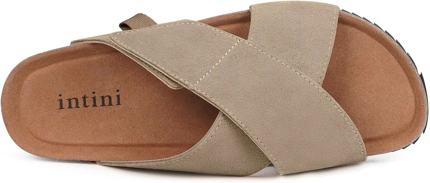 Womens Cork Footbed Slides Sandals Suede Leather Flat Sandals Cross Band Summer Slip on Open Toe Slippers Arch Support for Indoor Outdoor with Adjustable Straps