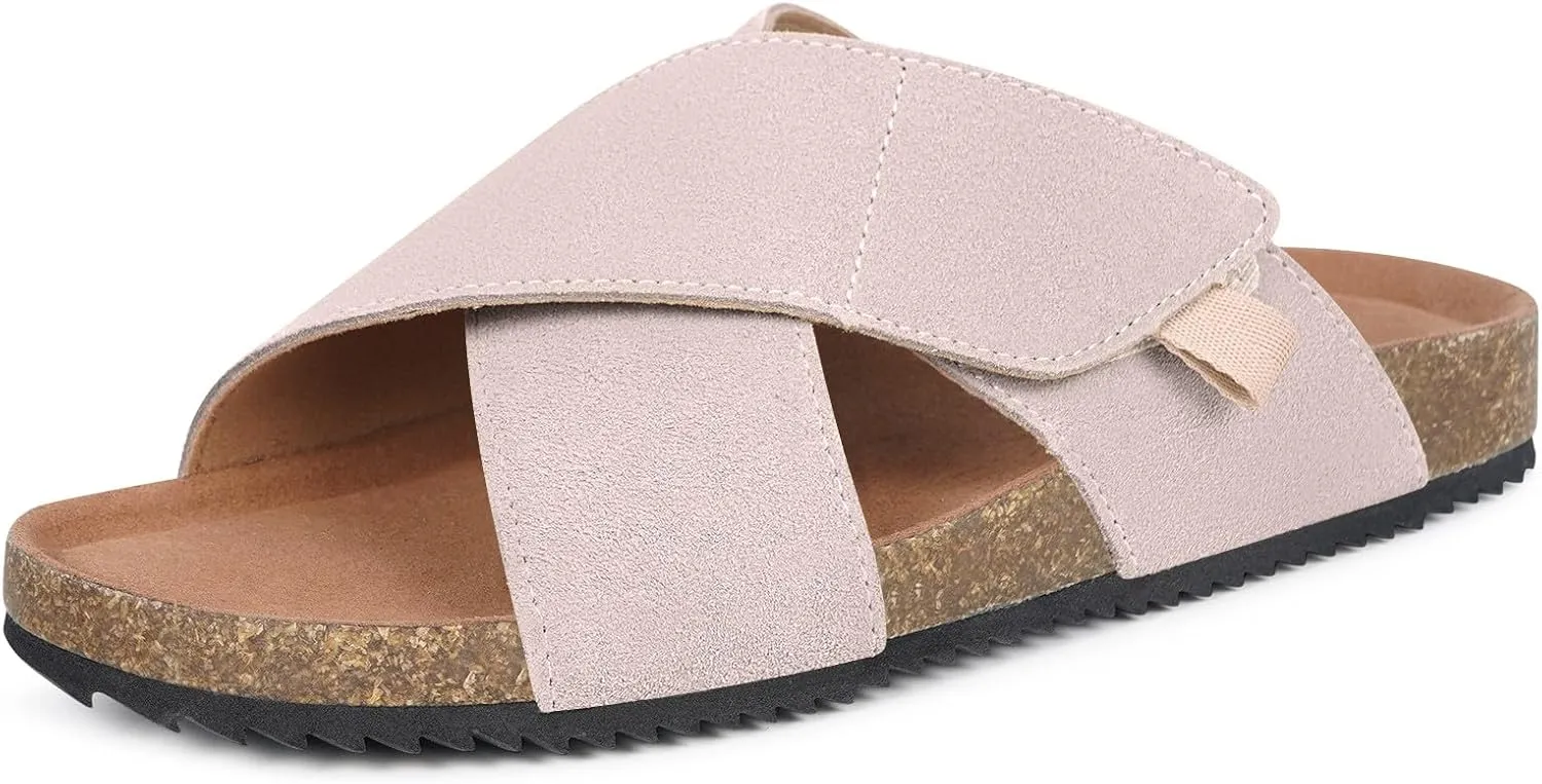Womens Cork Footbed Slides Sandals Suede Leather Flat Sandals Cross Band Summer Slip on Open Toe Slippers Arch Support for Indoor Outdoor with Adjustable Straps