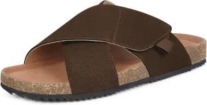 Womens Cork Footbed Slides Sandals Suede Leather Flat Sandals Cross Band Summer Slip on Open Toe Slippers Arch Support for Indoor Outdoor with Adjustable Straps