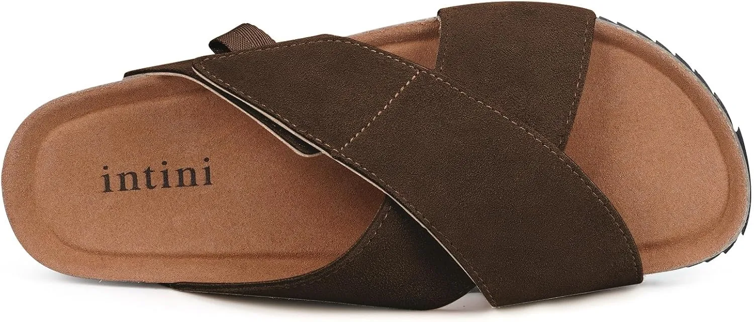 Womens Cork Footbed Slides Sandals Suede Leather Flat Sandals Cross Band Summer Slip on Open Toe Slippers Arch Support for Indoor Outdoor with Adjustable Straps