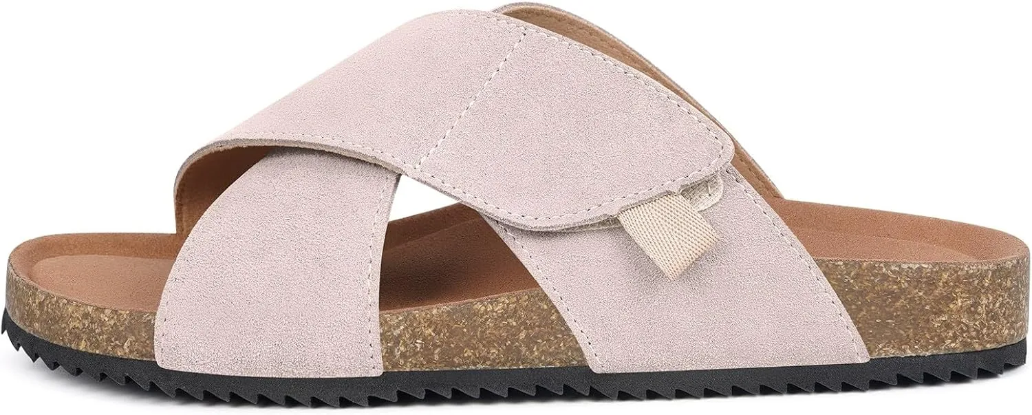 Womens Cork Footbed Slides Sandals Suede Leather Flat Sandals Cross Band Summer Slip on Open Toe Slippers Arch Support for Indoor Outdoor with Adjustable Straps