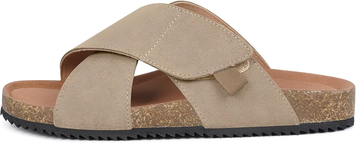 Womens Cork Footbed Slides Sandals Suede Leather Flat Sandals Cross Band Summer Slip on Open Toe Slippers Arch Support for Indoor Outdoor with Adjustable Straps