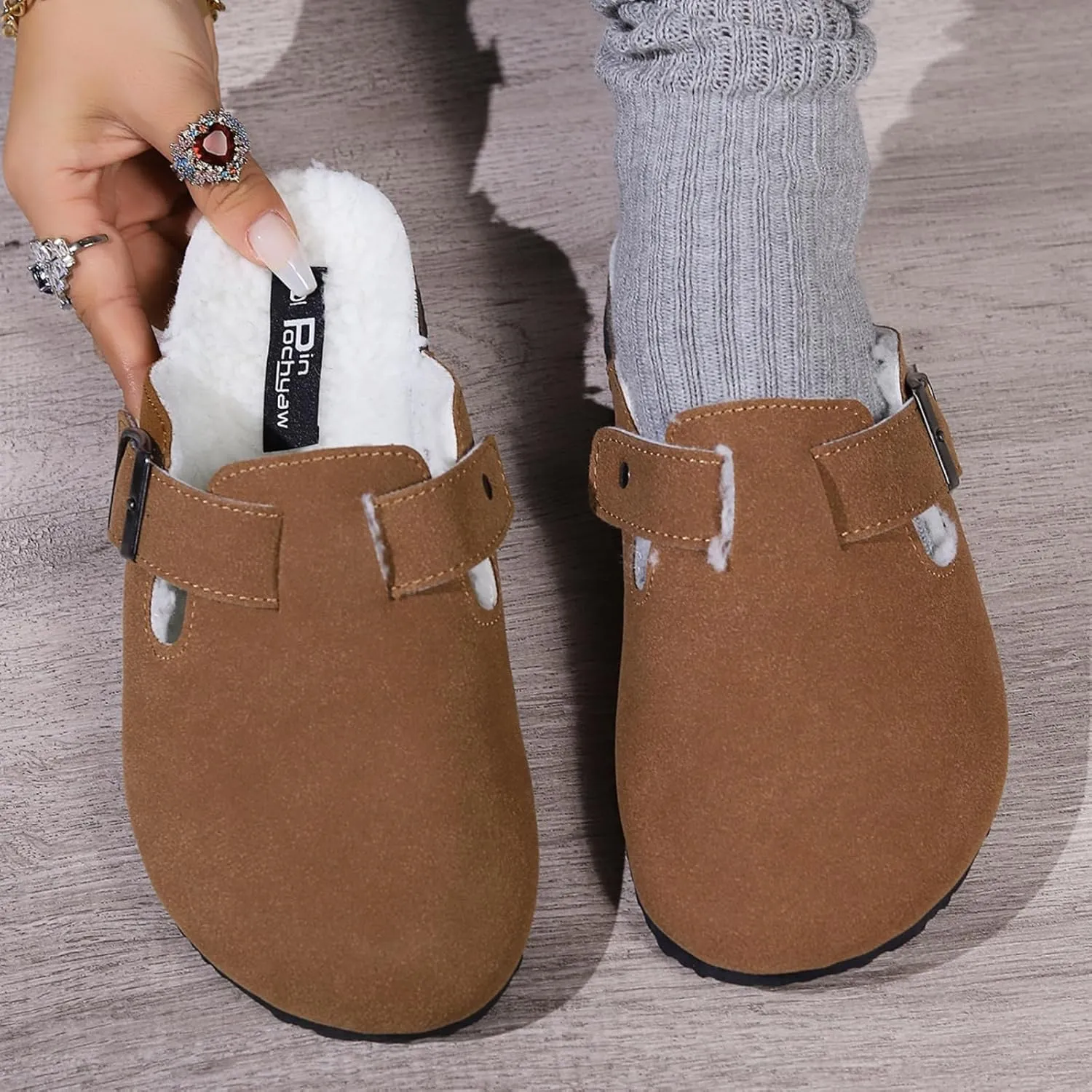 Women's Faux Suede Slip-On Clogs with Buckle Strap Faux Fur Lining Womens Slippers