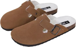 Women's Faux Suede Slip-On Clogs with Buckle Strap Faux Fur Lining Womens Slippers