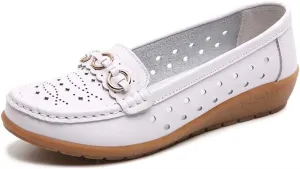 Women's Leather Classic Wedge Moccasins Slip-Ons Casual Walking Driving Cutout Breathable