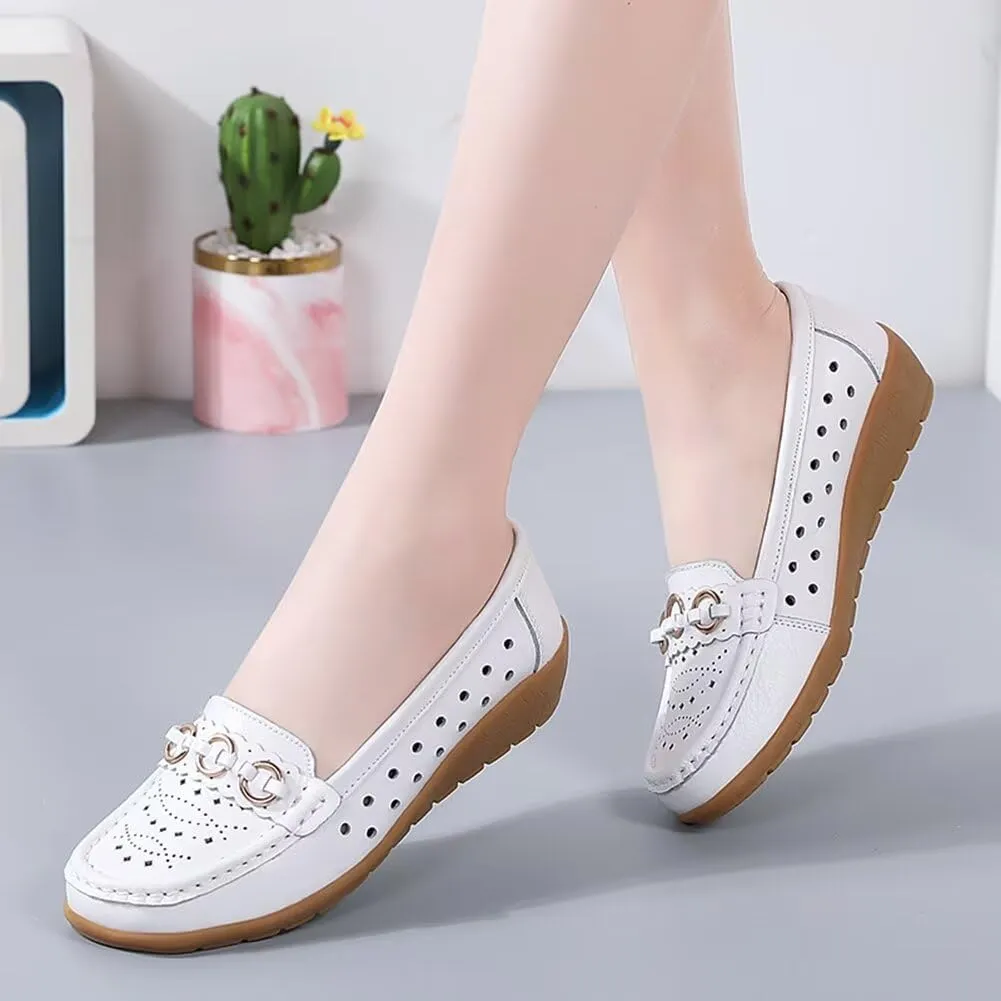 Women's Leather Classic Wedge Moccasins Slip-Ons Casual Walking Driving Cutout Breathable
