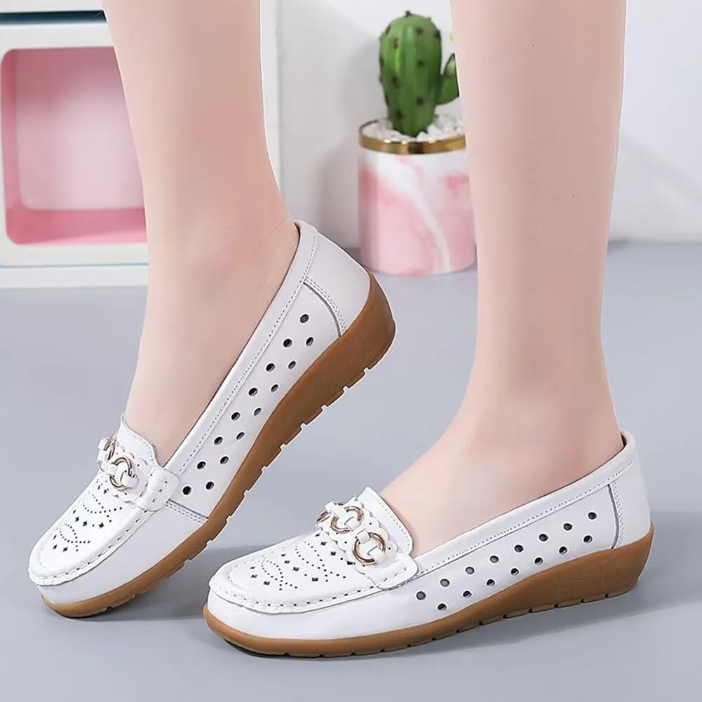 Women's Leather Classic Wedge Moccasins Slip-Ons Casual Walking Driving Cutout Breathable