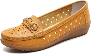Women's Leather Wedge Moccasins Pumps Boat Shoes Casual Breathable Cushion Driving Slip-Ons