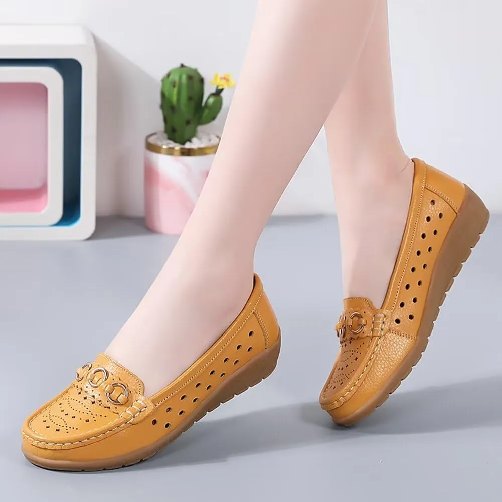 Women's Leather Wedge Moccasins Pumps Boat Shoes Casual Breathable Cushion Driving Slip-Ons
