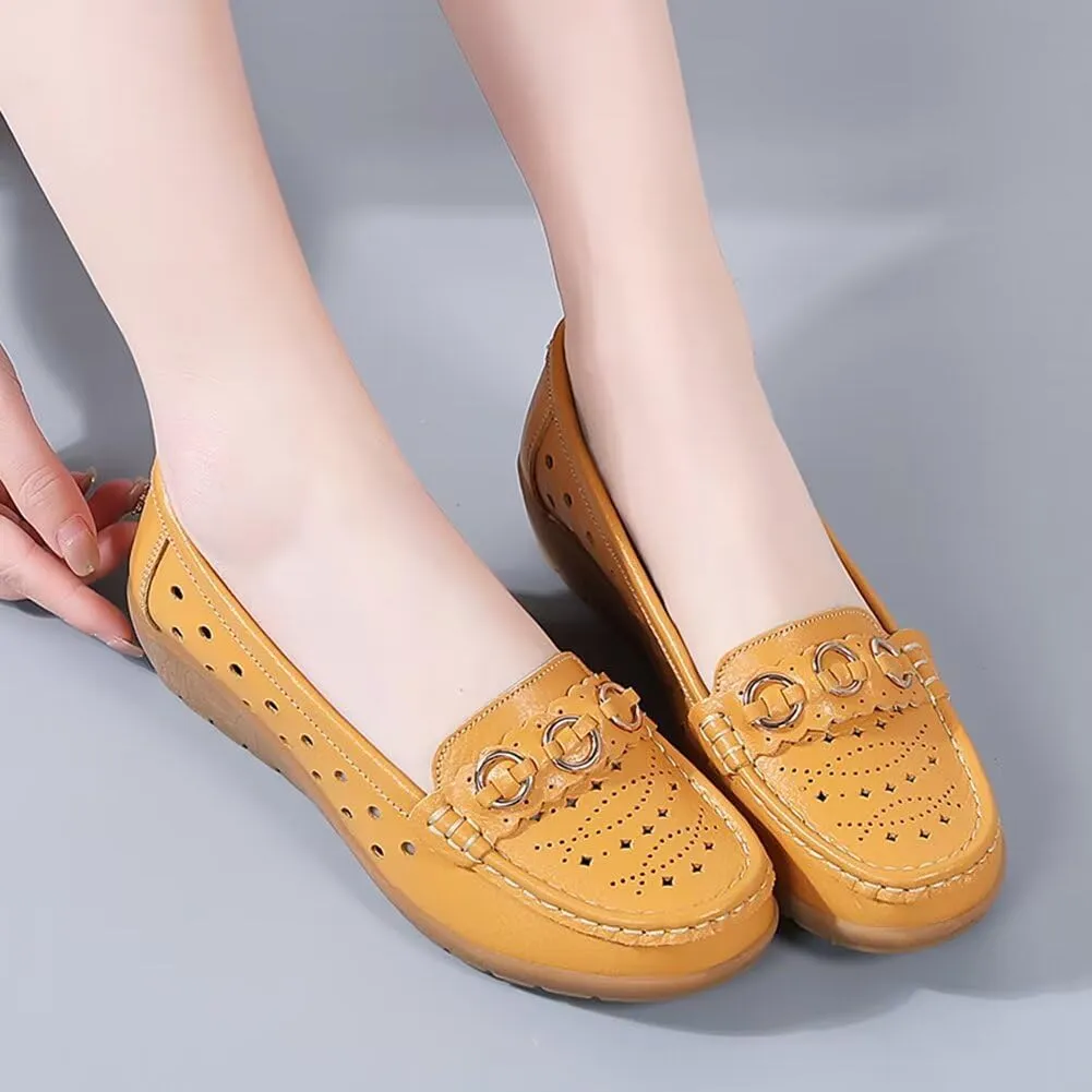 Women's Leather Wedge Moccasins Pumps Boat Shoes Casual Breathable Cushion Driving Slip-Ons