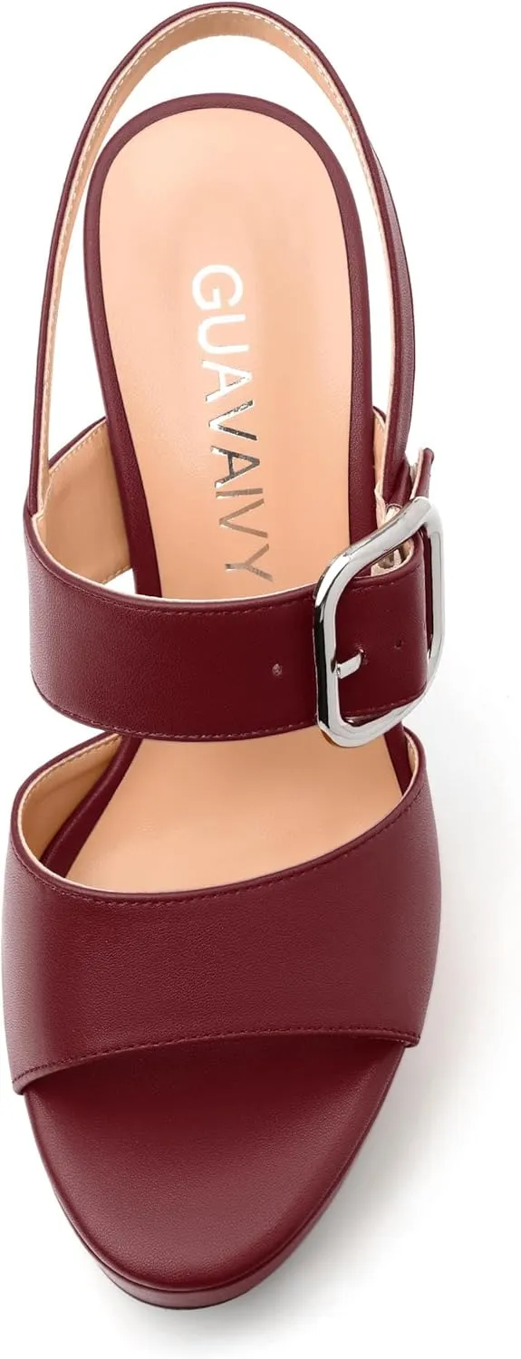 Women's Platform Sandals, Round Toe Chunky High Heels, Fashion Ankle Strap Buckle Heeled Sandal 4.8 Inch